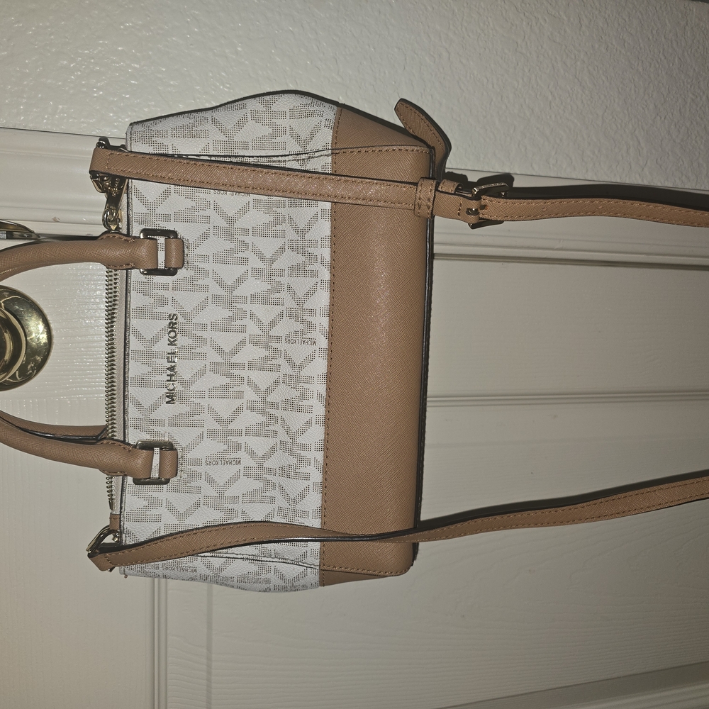 Michael Kors Tan and White Crossbody Bag with Elegant Monogram